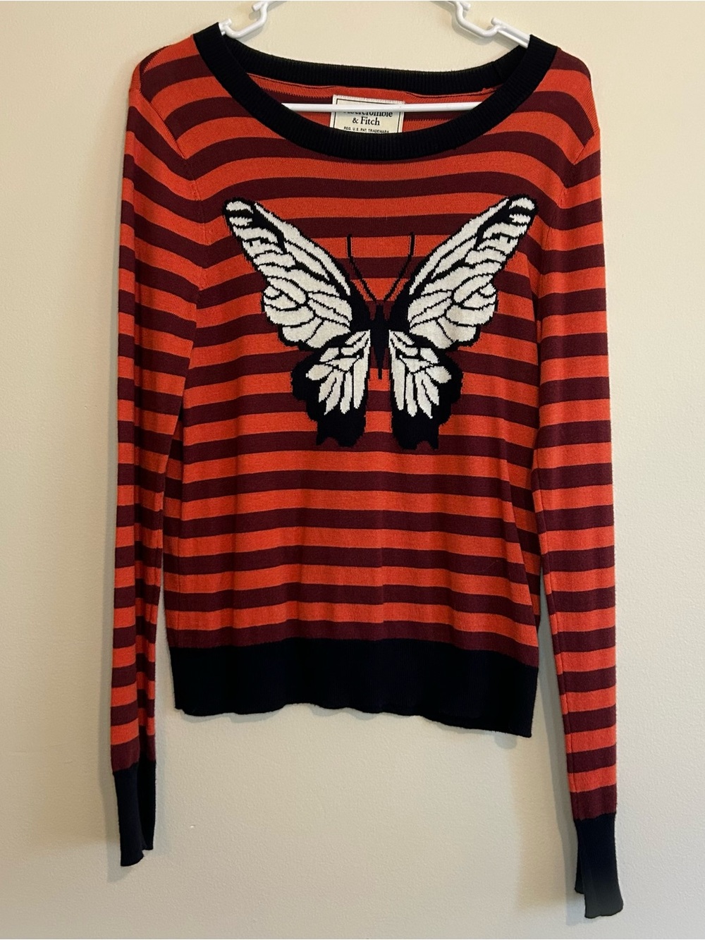 Abercrombie & Fitch Red and Black Striped Butterfly Sweater